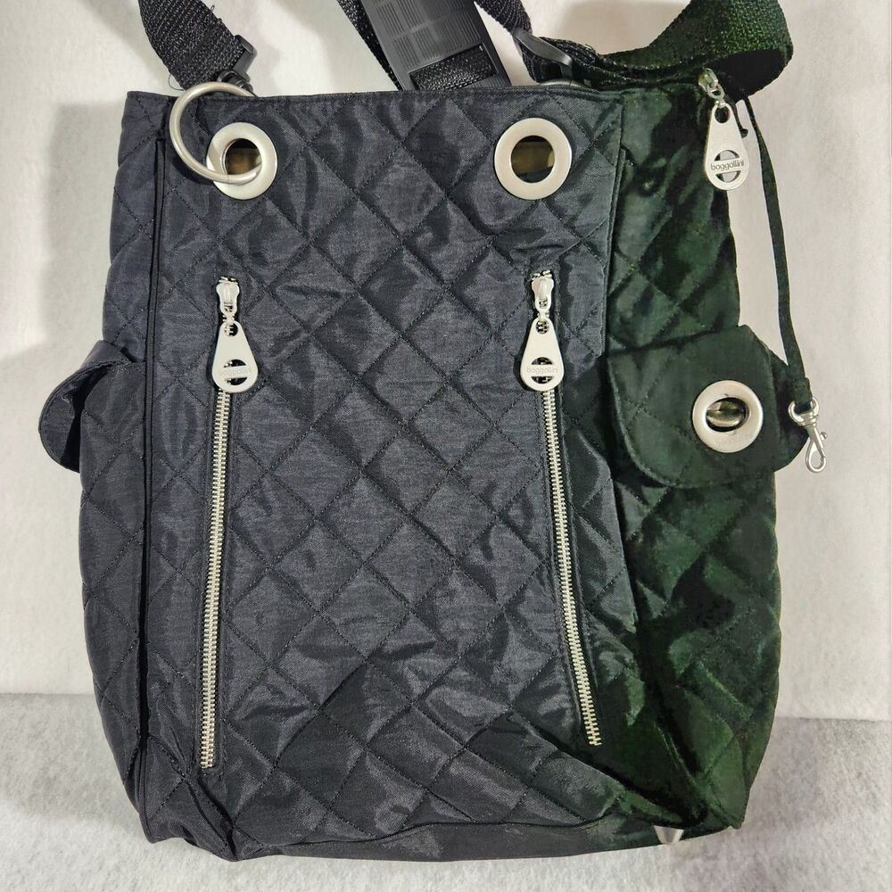 Baggallini Quilted Shoulder Large Tote Bag Black  Zippers Travel Nylon 15x14x4